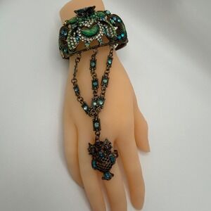 Vintage Style Owl Slave Bracelet Hand Flower Ring Set Green Blue Rhinestone Cuff